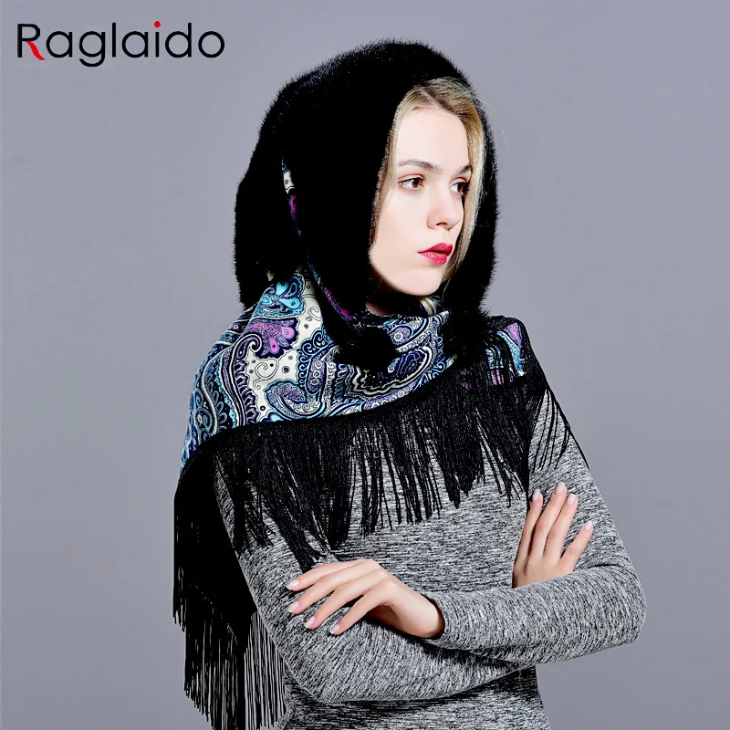 

Stylish Hood Hats for Women Winter Fashionable Luxury Female Warm Real Fur Elegant Tassel Scarf Mink Fur Hat