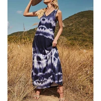 v neck sapphire blue printing dyeing sleeveless dress women summer holiday beach casual long dresses 2021 dropshipping