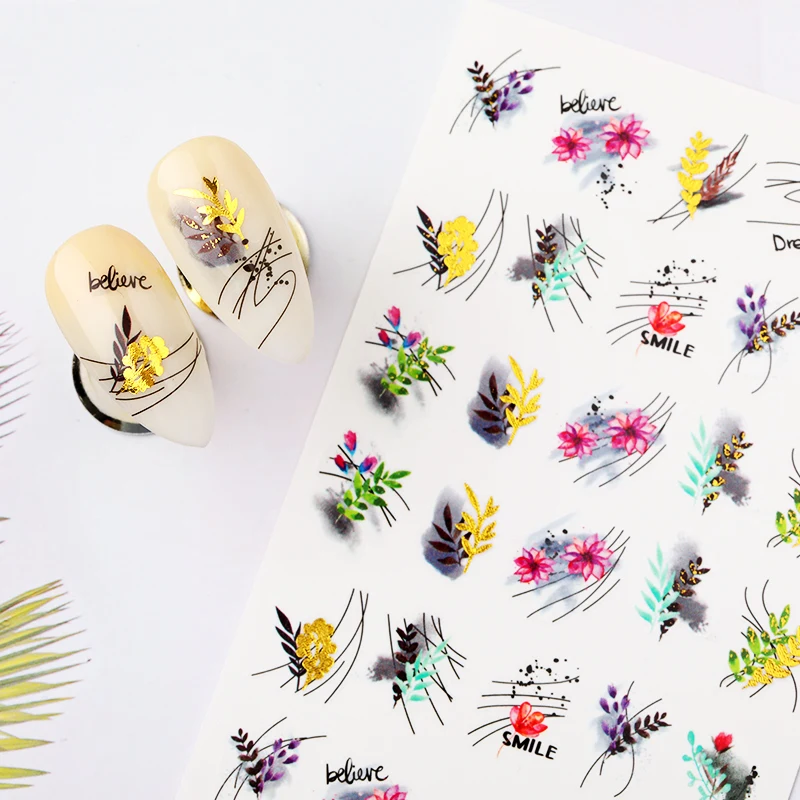 LEMOOC наклейки для ногтей ногти Цветущий цветок лист золотой дизайн переводные