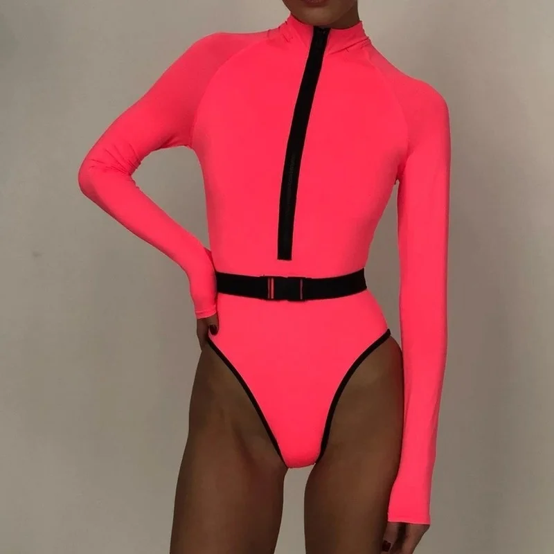 

Long Sleeves One Piece Swimsuit Women Sexy Neon Swimwear Female Belt Zipper Monokini High Neck Bathing Suit Bodysuit 2021 Autumn