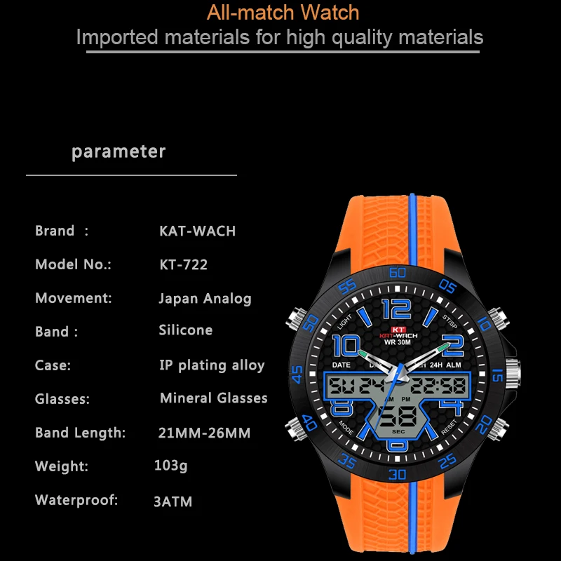 KAT-WACH men male Sports Electronic Waterproof Watch Multifunction LED Luminous Silicone Stopwatch Timing Alarm Calendar | Наручные часы
