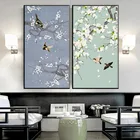 Постеры в китайском стиле с птицами и цветами персика и искусственными картинками для гостиной, украшение для дома