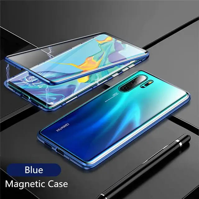 360 Полный Магнитный чехол для телефона для huawei P30 Pro mate 20 Pro 20X P20 двусторонний стеклянный металлический бампер Honor 20 Pro Nova 3 4 5 Чехол - Цвет: Синий