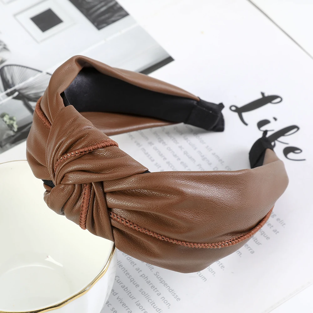 Женский ободок из натуральной кожи однотонный с узелком аксессуар для волос в