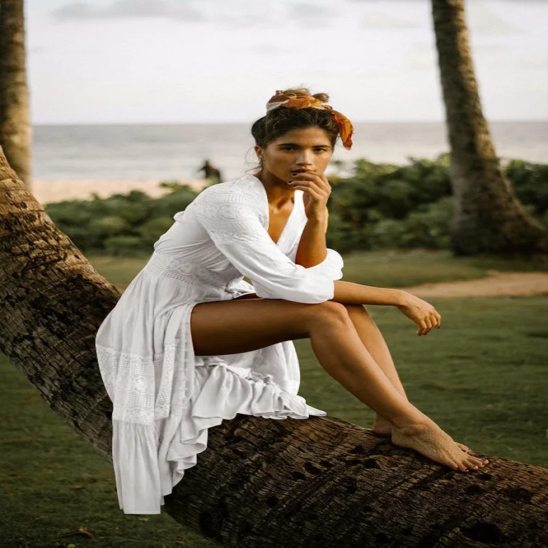 

2021 Summer Women Dress New Cotton Lace Multi-Button Cardigan Holiday Skirt Beach Cover Up Clothing Bikini Swimwear