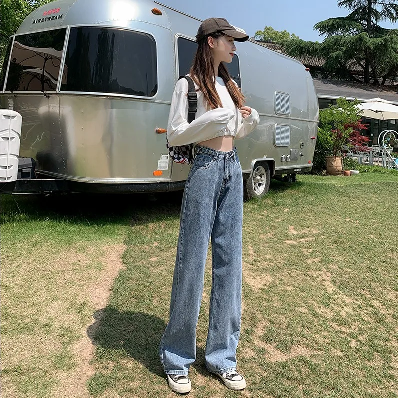 

Light Blue Denim Trousers Vintage Wide Leg Pants Women Korean Straight Long Pants High Waist Casual Loose With Belt 2020 Autumn