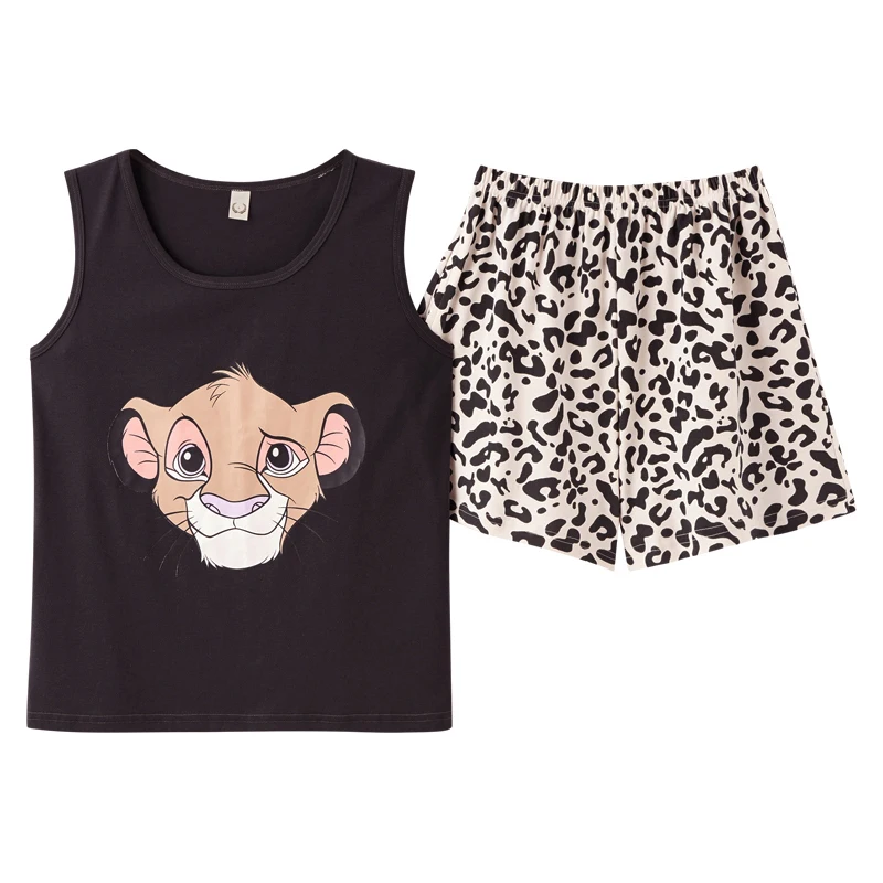 

Summer Cotton Pajamas Women's Sleeveless Top and Shorts Lion King Simba Leopard Kawaii Cartoon Loose Home Suit Pajama Sets Women