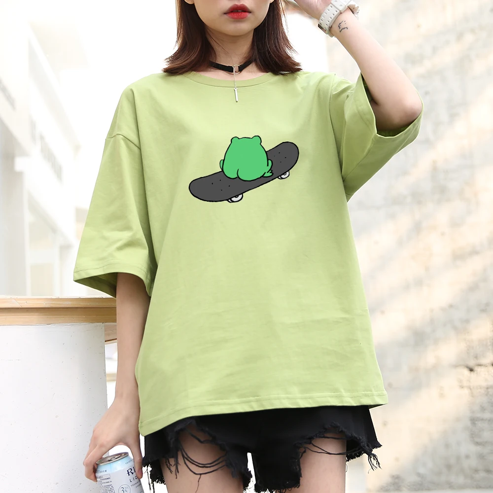 

Женская футболка с принтом лягушки, зеленая футболка оверсайз в стиле Харадзюку, повседневные летние топы, уличная одежда
