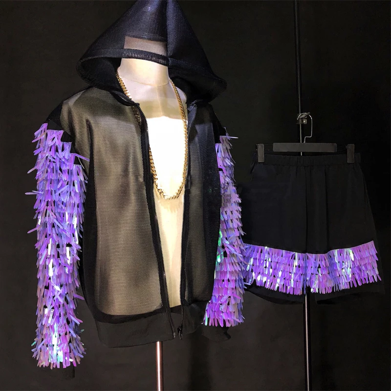 Костюм для мужчин Symphony Blue Purple Tassel с блестками, с курткой на сетке, шортами, одеждой для танцев хип-хоп, нарядом для рейва и клубной ночи Gogo в стиле XS2657.
