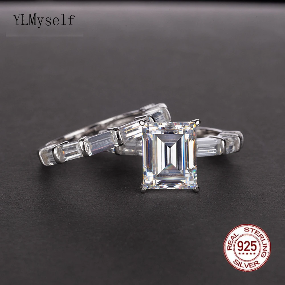 

100% Real Silver 2 PCS Ring Set Size 5-12 Pave 8*10 mm White/Red/Green/Yellow/Blue Rectangle Zircon Statement Fine 925 Jewelry