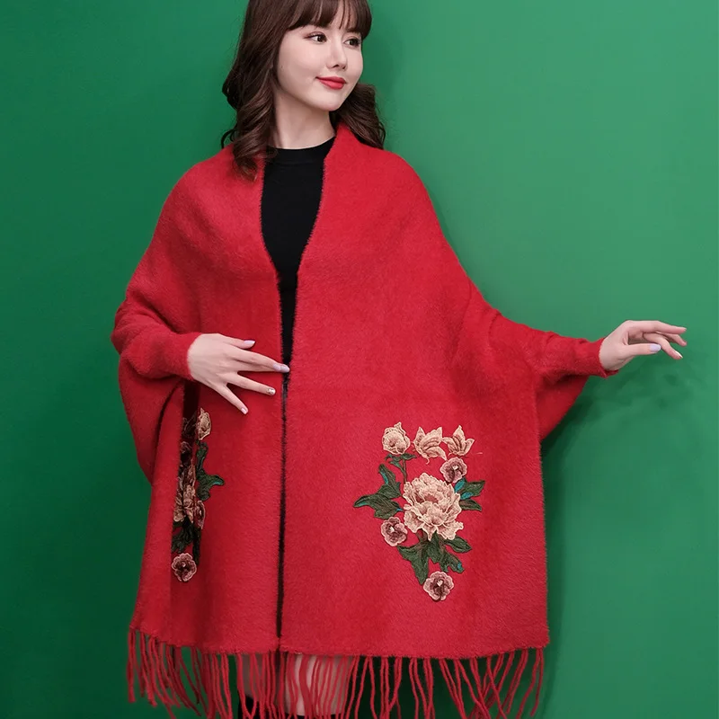 Factpry Price Mink Wool Feeling Women Winter Poncho With Sleeve Shawls and Wraps Pashmina Scarf Stoles Capes |