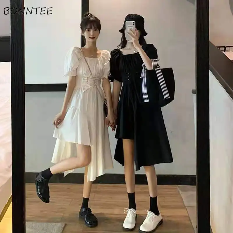 

Женские платья с пышными рукавами, однотонные асимметричные платья для студентов, для отдыха, универсальные Элегантные Простые уличные пла...