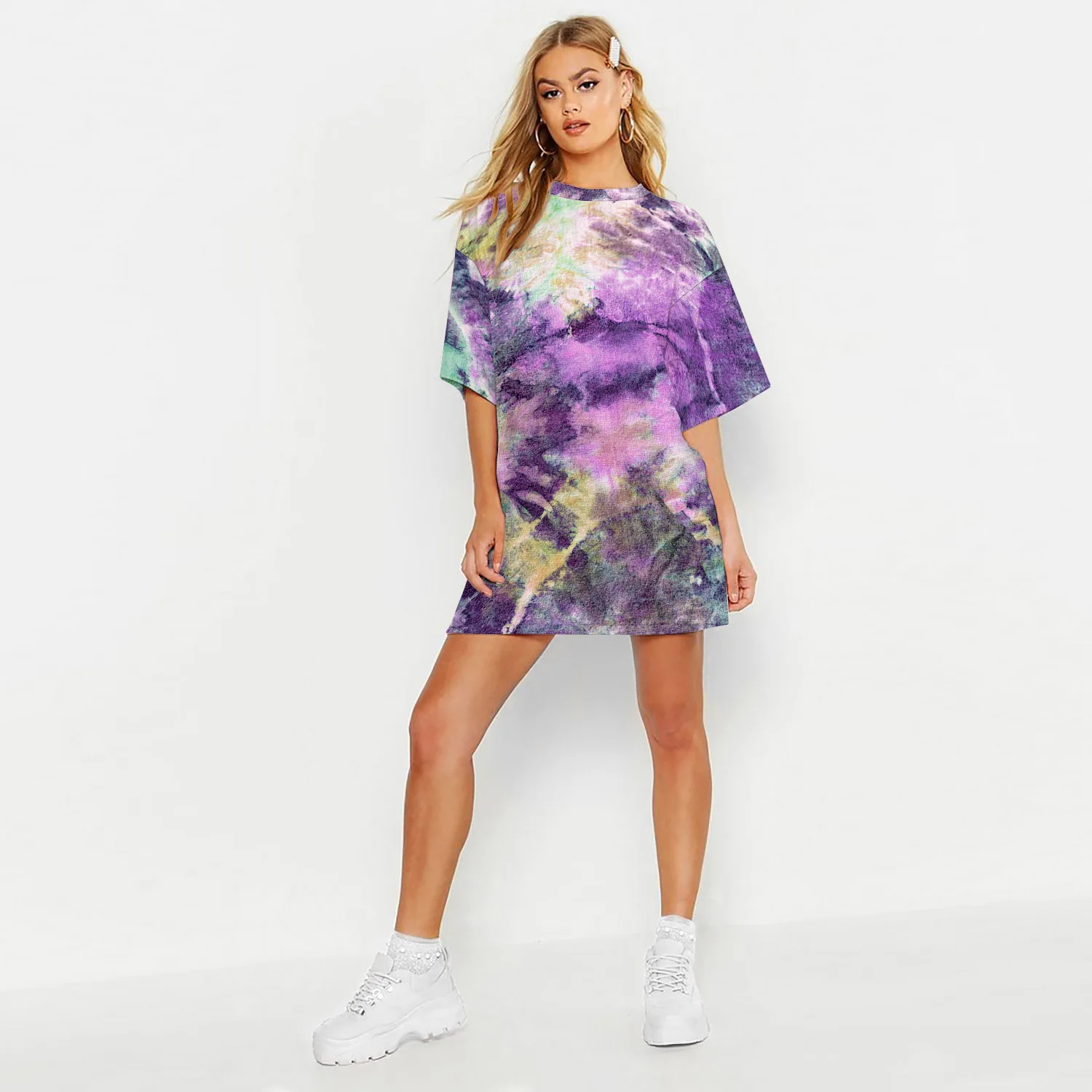 

2021 New Summer Tie-dye Digital Printing Loose Casual Short-sleeved T-shirt for Women Fashion Midi Pattern Tops