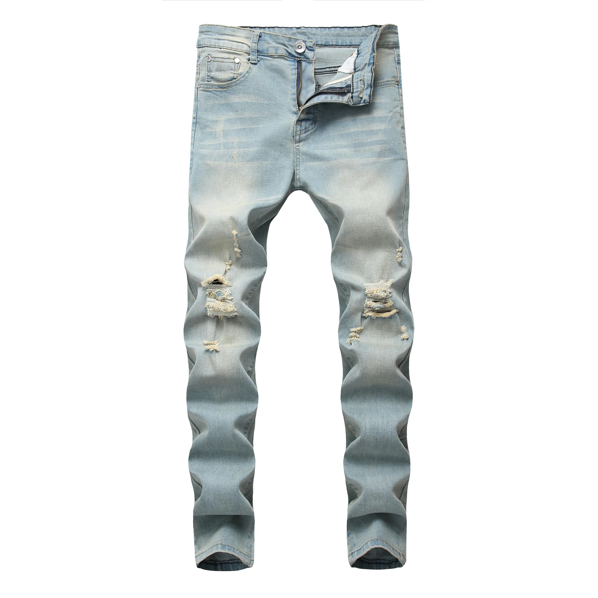 

Wholesale 2020 Fashion washing Casual light blue Denim Distressed Slim stretch Cowboy locomotive Biker hip hop street jeans men