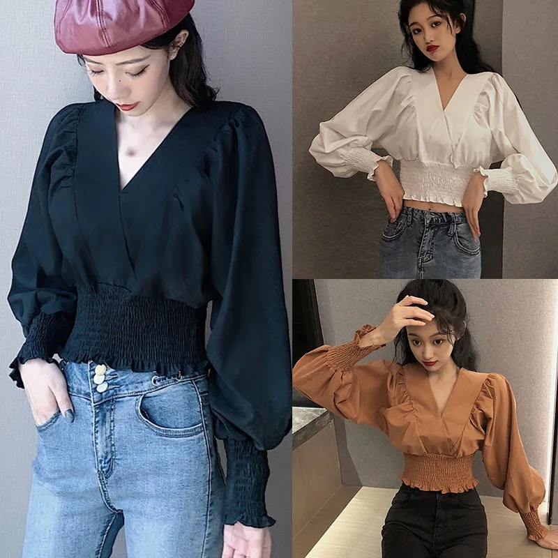

Women's Solid V-Neck Sexy Slim Exposed Navel Long Sleeve Shirt Blouses 2021 New