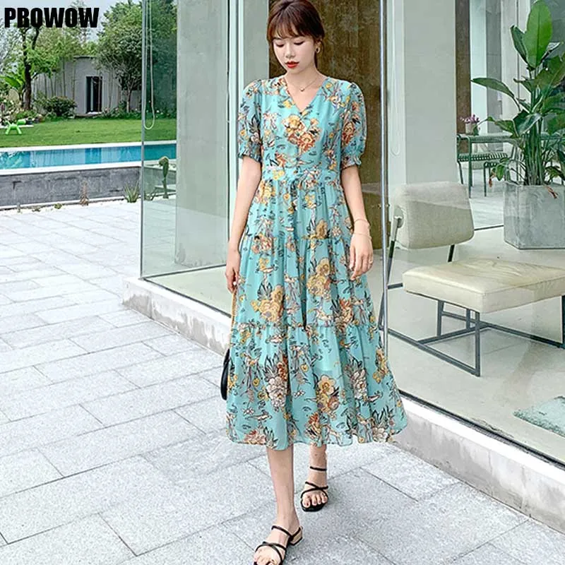 

2021 Bohemia Summer Floral Print Dress French Slim Women Chiffon Short Sleeve Dress Korean One-Piece Party Holiday Female Dress