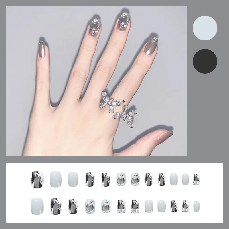 

2021 24pcs Silver Mirror Wear Long Paragraph Fashion Manicure Patch False Nails Save Time Wearable Nail Patch Nails Accesorios