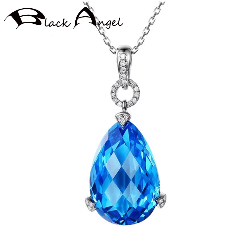 

BLACK ANGEL Water Drop Shape Gemstone Birthstone Choker Sky Blue Topaz Sapphire 925 Silver Pendant Necklace For Women Jewelry