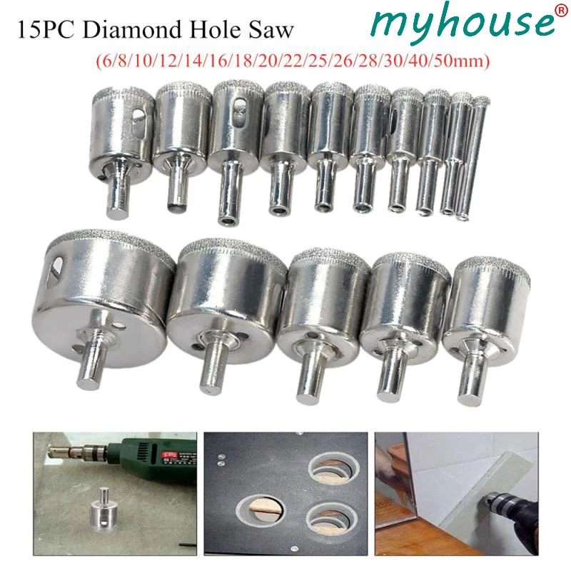 

10/15 Pcs 3mm-50mm Diamond Drill Bit Set Diamond Coated Core Hole Saw Drill Bits Tool For Glass Tile Marble Granite Bit Tool Kit