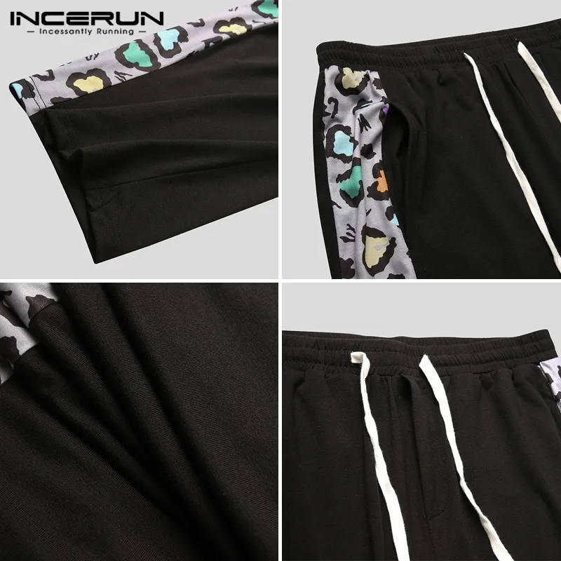 

Men Patchwork Casual Pants INCERUN Fashion Leopard Printed Drawstring Trousers Man Baggy Sweatpant Loose Straight Bottoms S-5XL