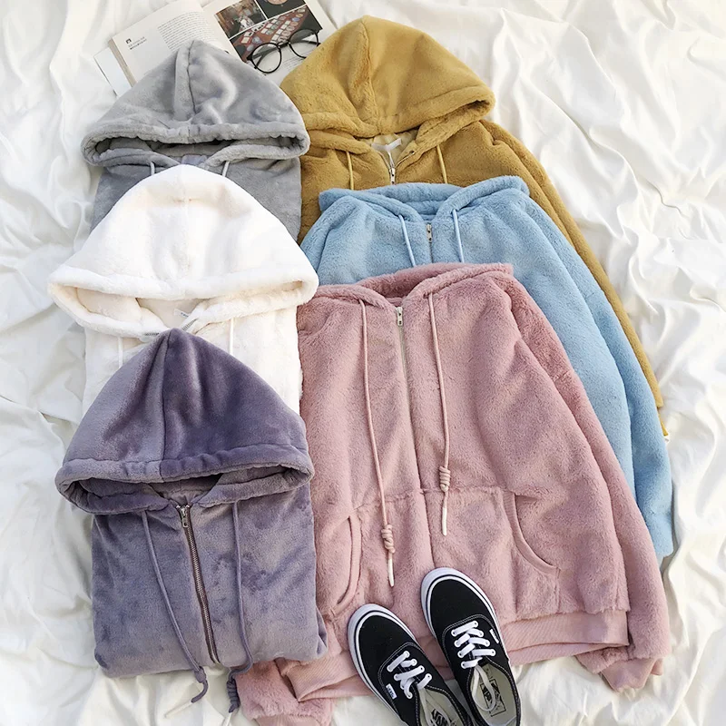 

Plush winter hooded zipper loose comfortable thick warm all-match jacket