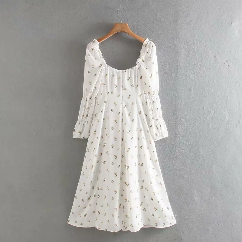 

Sexy Dress Women Long Sleeve Dresses Floral Midi Dress Korean Style Square Neck Dresses Chiffon Lace Up Dress Party White Summer