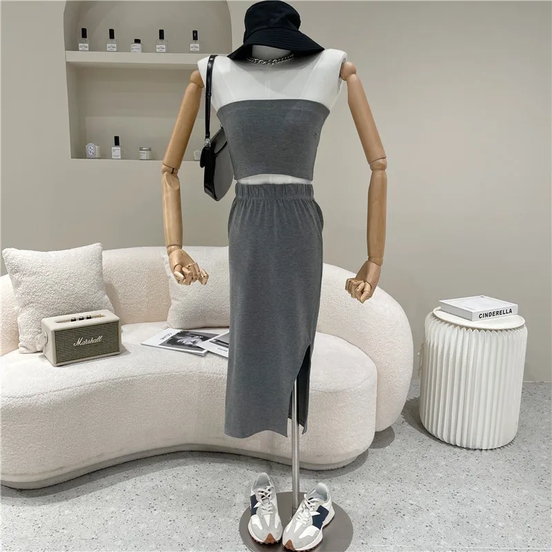 

Two Piece Set Women's Spring Summer 2021 Niche Design Fashion Slim Chest Vest + Mid Length High Waist Split Skirt