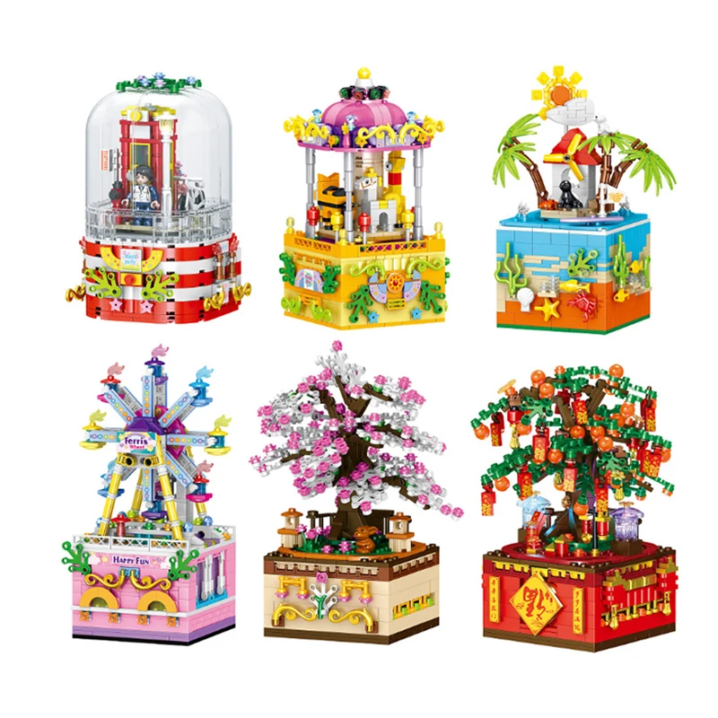 

Music Box Building Blocks Rotating Sakura Cherry Blossoms Tree High-Tech Model Bricks Toys for Children Girl Gift