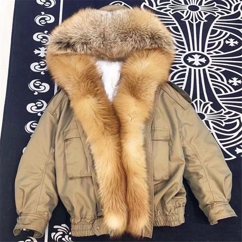 Winter Short Parka Jacket Natural Lamb Wool Fur Liner Women Coats Red Fox Fur Collar New Winter Female Real Fur Bomber Jacket