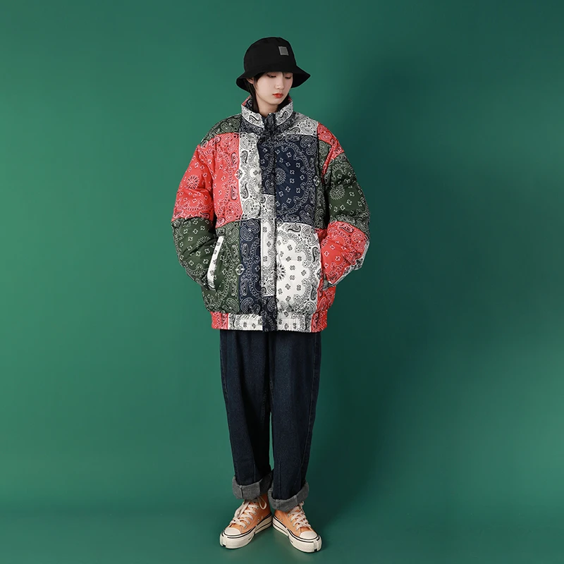 Куртка с узором пейсли, парка, Harajuku, пэчворк, цветная, Мужская зимняя ветровка, уличная одежда, стеганая куртка, пальто, теплая верхняя одежда