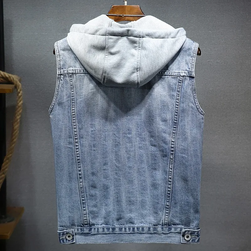 

Sleeveless Vest Cowboy Men Casual Hoody Denim Waistcoat Slim Fit Jean Jacket Plus Size Gilet Vintage Streetwear Male Vests Tops