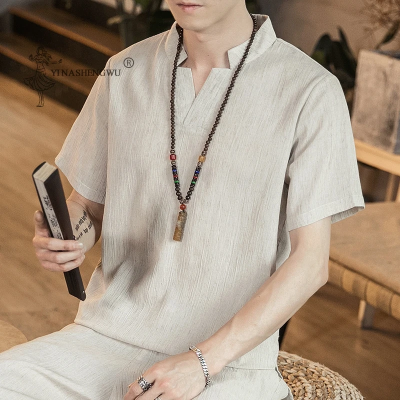 

Summer New Japanese Style Men V Neck Short-Sleeved T-shirt Loose Top Trousers Asian Yukata Haori Casual Shirt Harajuku Costumes