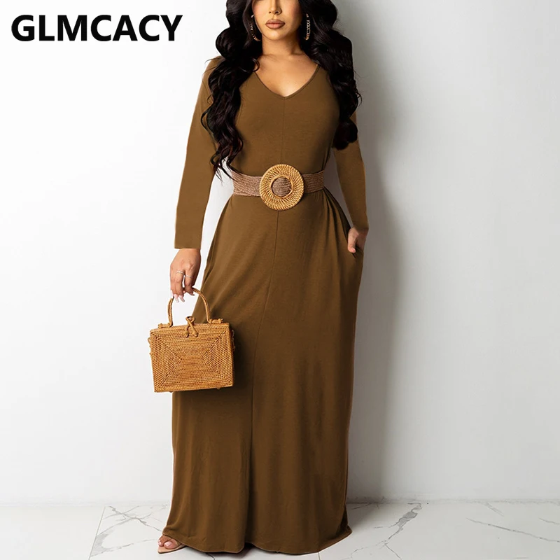 

Women Long Sleeve V Neck Casual Solid Maxi Dress Classy Loose Daily Dress