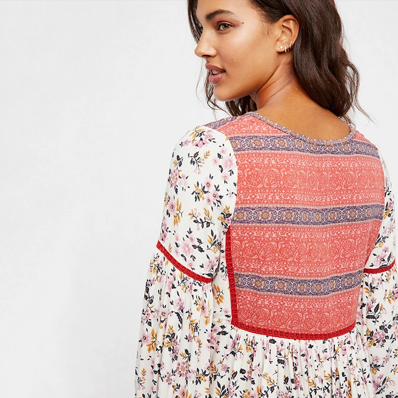 

Plus Size Women Summer Short Dresses 2020 Printing Loose Patchwork Female Dress V Neck Long Sleeve with Buttons Vestidos Femme