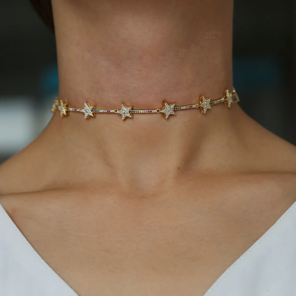 2020 Новая мода Радуга Красочные Звезды cz бар звено цепи Чокер ожерелья для женщин