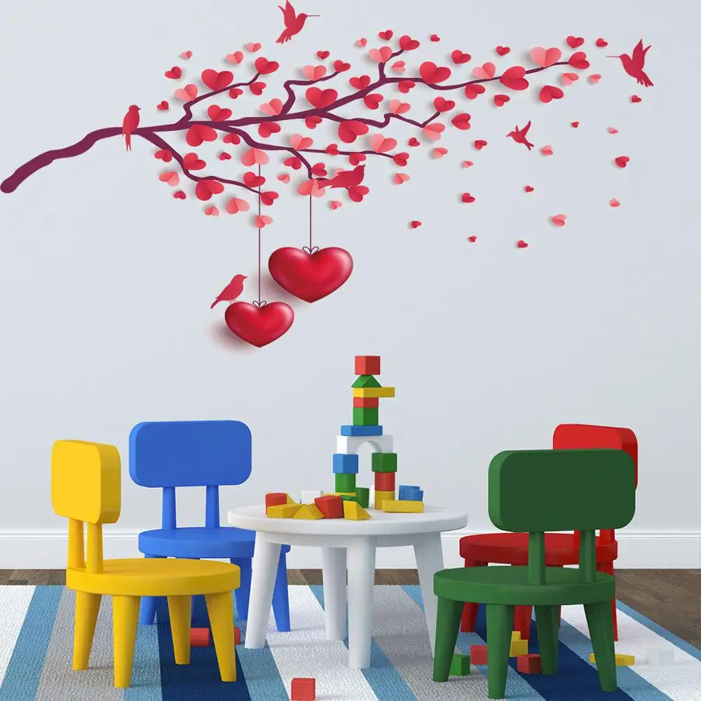 Красная ветка любви Наклейка Настенная с птицей DIY виниловые клейкие обои