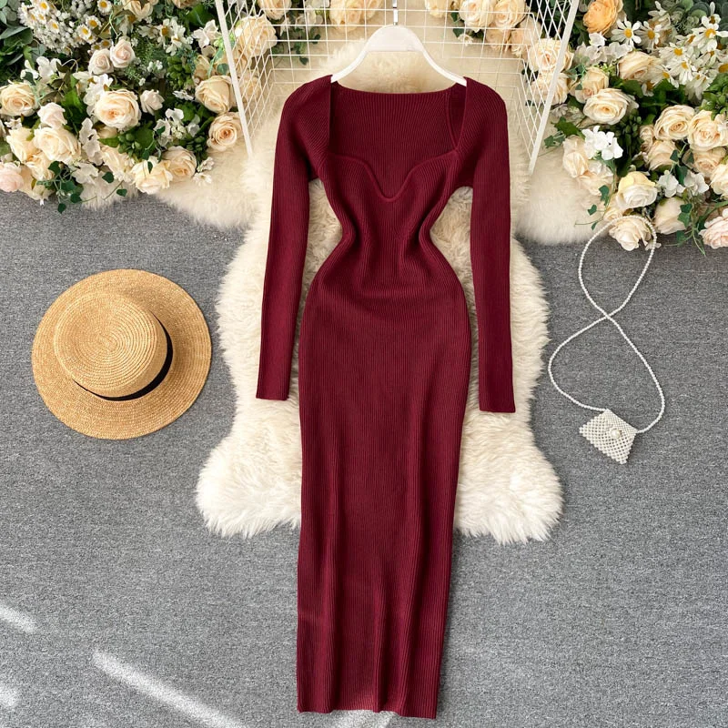 

2021 Women Dresses Sexy Strapless Ribbed Knitted Bodycon Dress Women Winter Long Sleeve Midi Sweater Dress Clothes