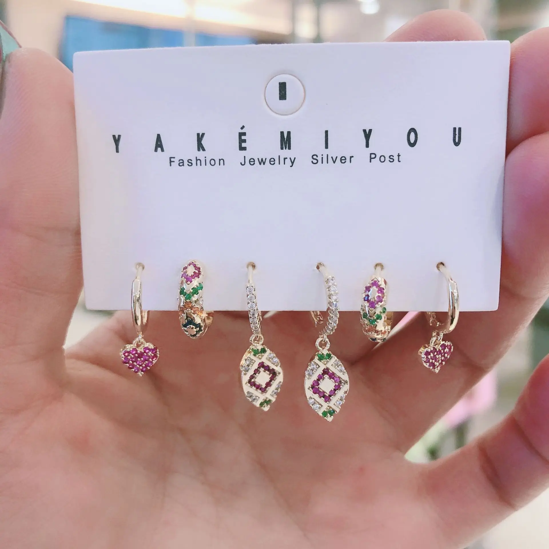 

Fashion personality all-match 6-piece set of wax inlaid color zirconium peach heart earrings small earrings female Hoop Earrings