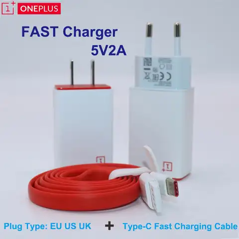 Оригинальное быстрое зарядное устройство Oneplus, ЕС/США/Великобритания, адаптер для зарядки, 5 В, 2 А, зарядный кабель для смартфона A Plus 2, 100 см/150...