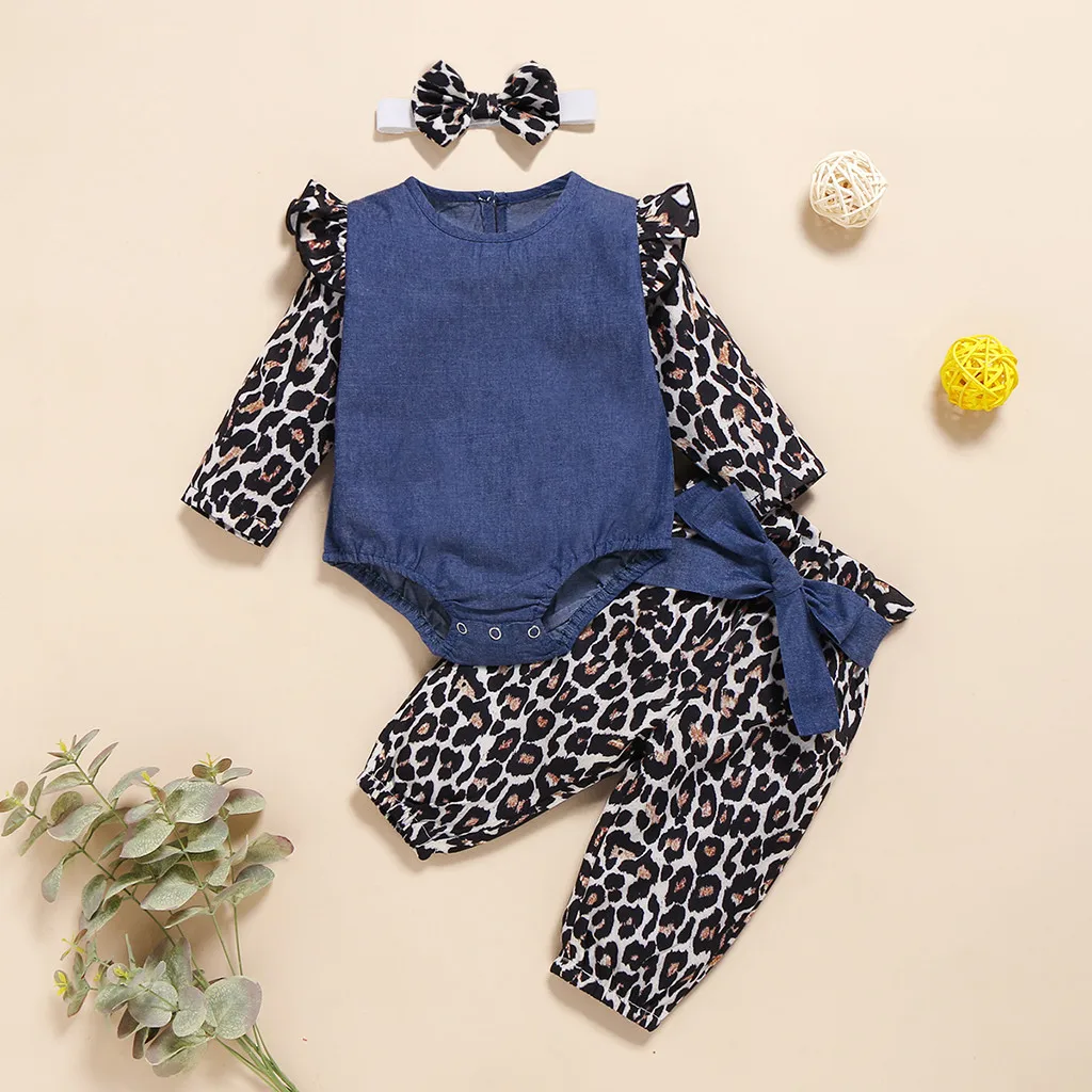 Новый костюм детский джинсовый халат с длинным рукавом и леопардовым принтом +