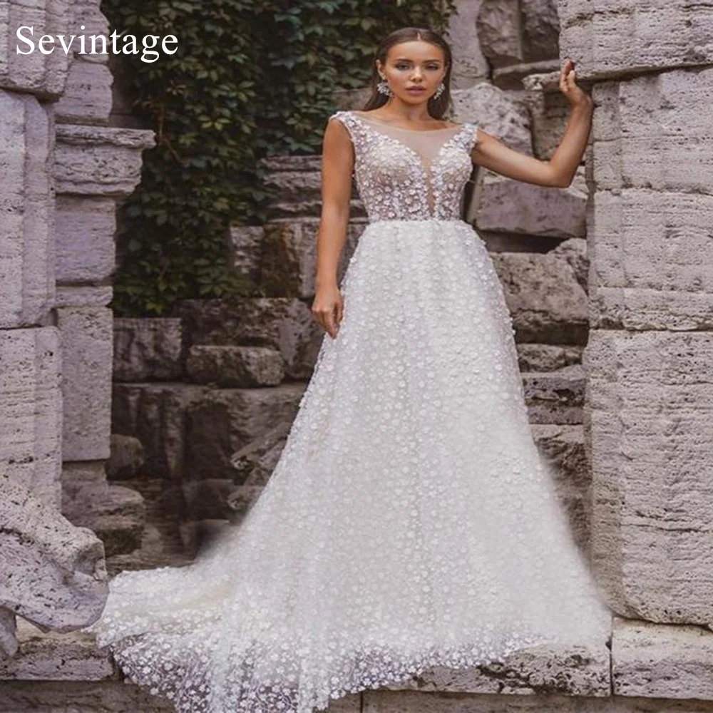 

Elegant Boho A Line Wedding Dresses Delicate Lace Sheer Neck Beach Bridal Gowns 2021 Princess Backless Plus Size Robe de mariage