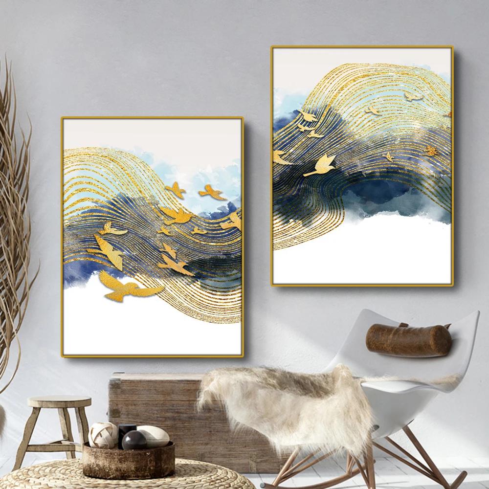 Золотистая Синяя абстрактная Настенная картина фотокартина для гостиной
