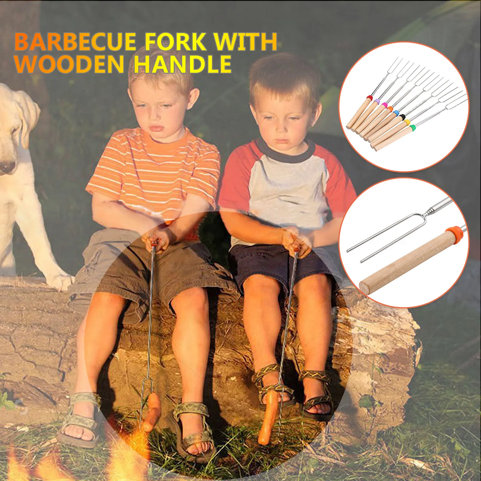 

8pcs BBQ Forks Roasting Sticks Stainless Steel Wooden Handle Skewer Camping Cookware Campfire Cooking Accessories Picnic Tool