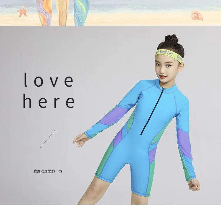

Children's Long-sleeved Jumpsuit Beach Surfwear Sunscreen Hot Spring Swimwear Solid Color Middle School Students Training