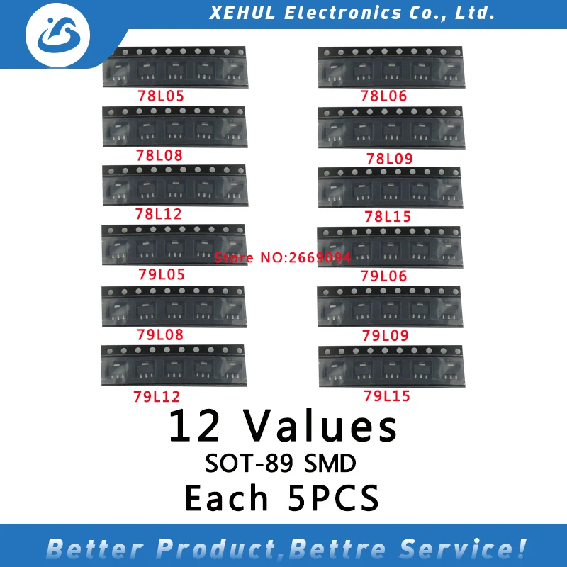 Набор транзисторов SOT 89 SMD 12 видов X5pcs = 60 шт. содержит 78L05 78L06 78L08 78L09 78L10 78L12 78L15 79L05