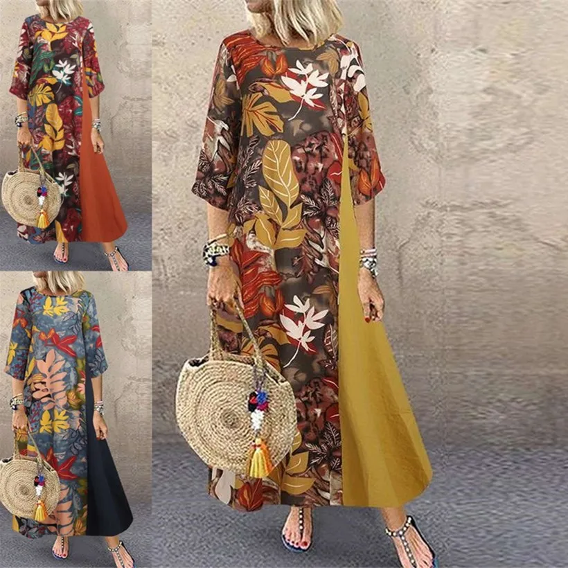 

Spring Autumn Plus Size Long Dress Woman Elegant Splicing Causal Half Sleeve Vintage Flower Print Dresses Femme Robes Vestidos