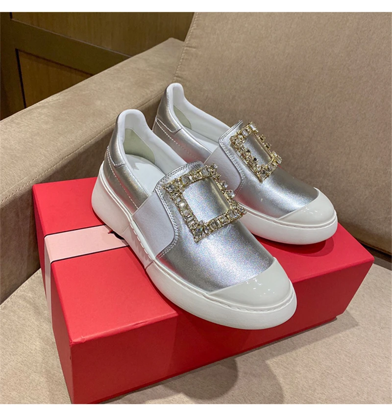 

Women Sneakers Luxury Design Crystal Square Buckle Women Loafers Genuine Leather Slip On Flats Causual Shoes tenis femenino 2021