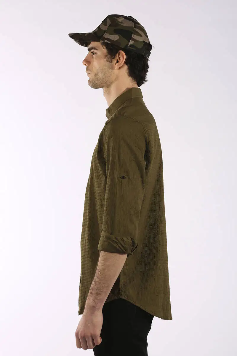 

Mens Khaki Seersucker Patterned Shirt