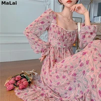 lolita dress elegant fairycore vintage floral print chiffon long buttons slim waist kawaii robe longue boho beach dress vestido