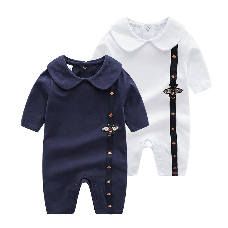 

2020 newborn baby boy clothes Little bee white dark blue cotton lapels long sleeved toddler girl romper christmas 0-3 months